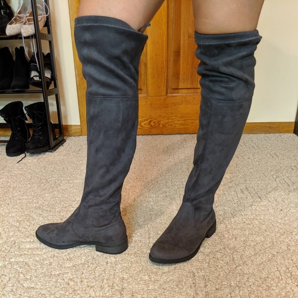 Grey knee high boots